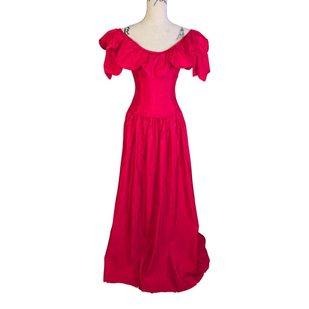 Vintage 1980s Red Taffeta Ruffle Off Shoulder Prom Formal Gown XS